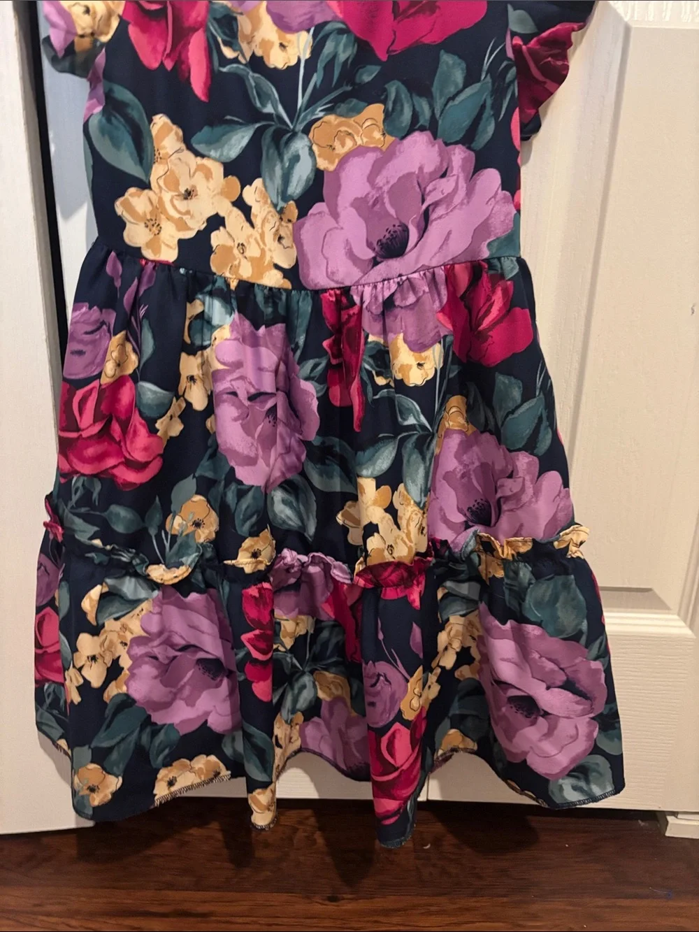 Janie and Jack Navy Floral Tiered Dress with Pink, Purple & Yellow Blooms